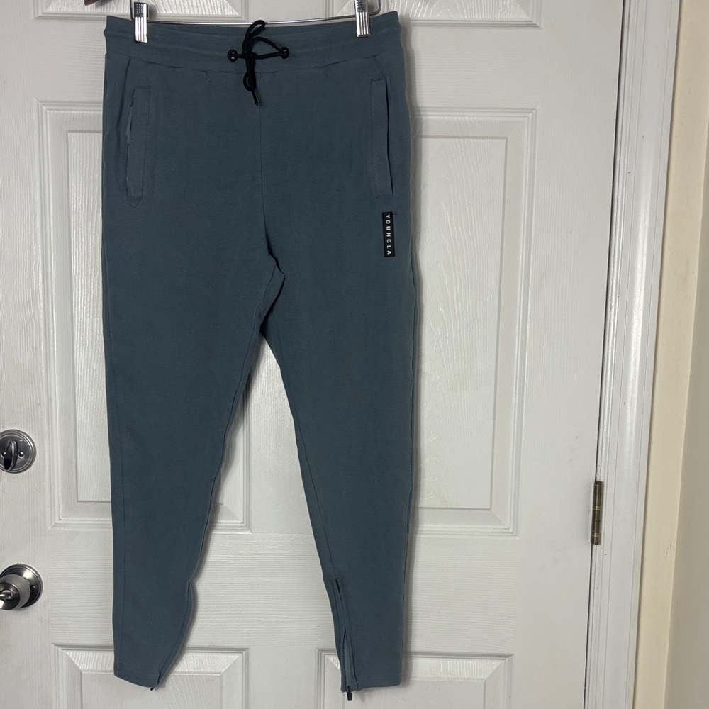YOUNGLA men’s blue gray  joggers size Large drawstring zip skinny ankle